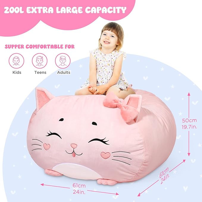 GAGAKU Stuffed Animal Bean Bag Cover Toy Storage, 24 Inches Kids BeanBag Pink Small Cat Large Zipper Bean Bag for Organizing Kids Plush Toys Home Supplies