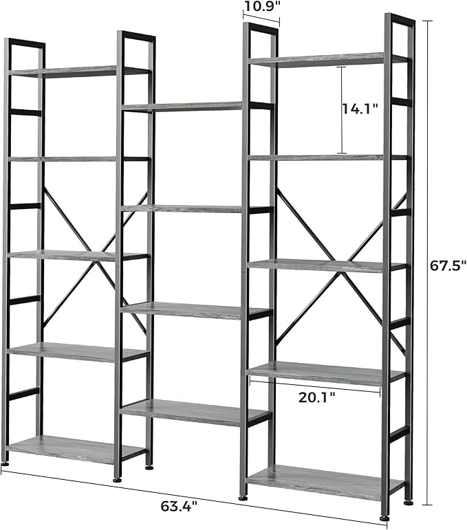 SUPERJARE Triple 5 Tier Bookshelf, Bookcase with 14 Open Display Shelves, Wide Book Shelf Book Case for Home & Office, Grey