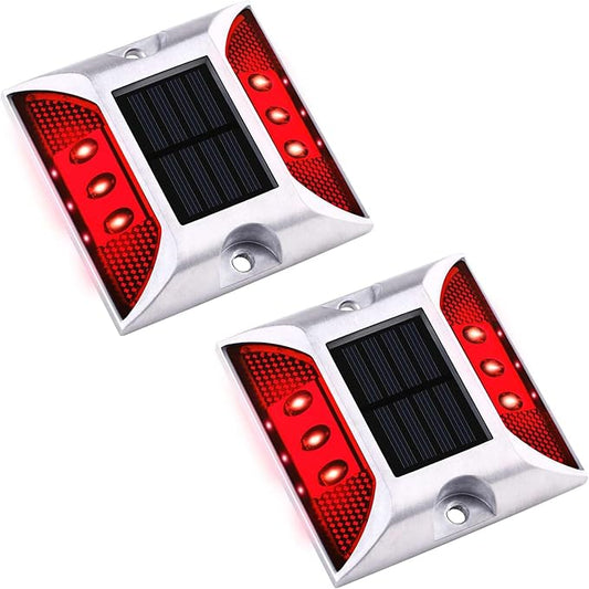 Aolyty Solar Driveway Dock Lights, IP68 Waterproof Deck Lights Outdoor, Warning Step Reflective Road Marker for Sidewalk Stair Garden Pathway Walkway (2 Pack, Red)