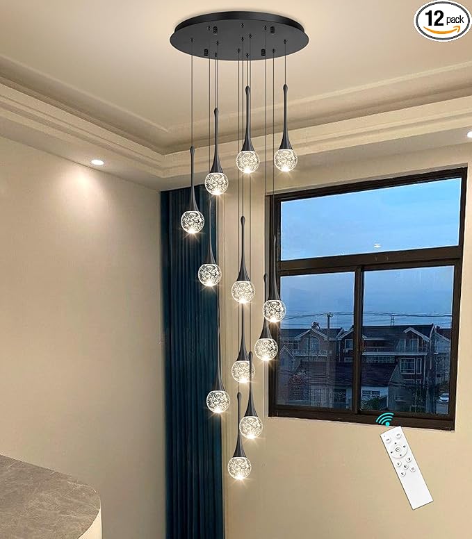 118 inches Modern Glam Crystal Chandelier for High Ceiling LED Dimmable Ceiling Pendant Light Staircase Foyer Enterway Living Room Chandelier Lighting Black 12 Lights