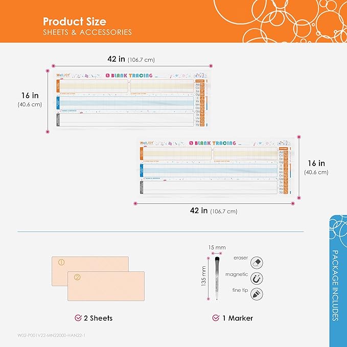 Large Handwriting Practice Dry Erase Board – 42x16” Blank Tracing, Reusable Lined Whiteboard for Kids, Adhesive-Free Clear Writing Board for KG-2nd Grade, Home & Classroom, with Marker