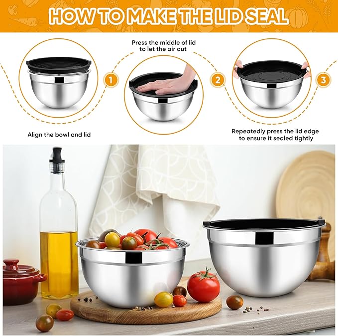 TeamFar Mixing Bowl Set of 5, 4.5/3/1.5/1/0.7 QT, Stainless Steel Metal Nesting Salad Bowl with Lid Set, Ideal for Mixing Serving, Non-Toxic & Sturdy, Airtight Lid & Easy Clean, Black