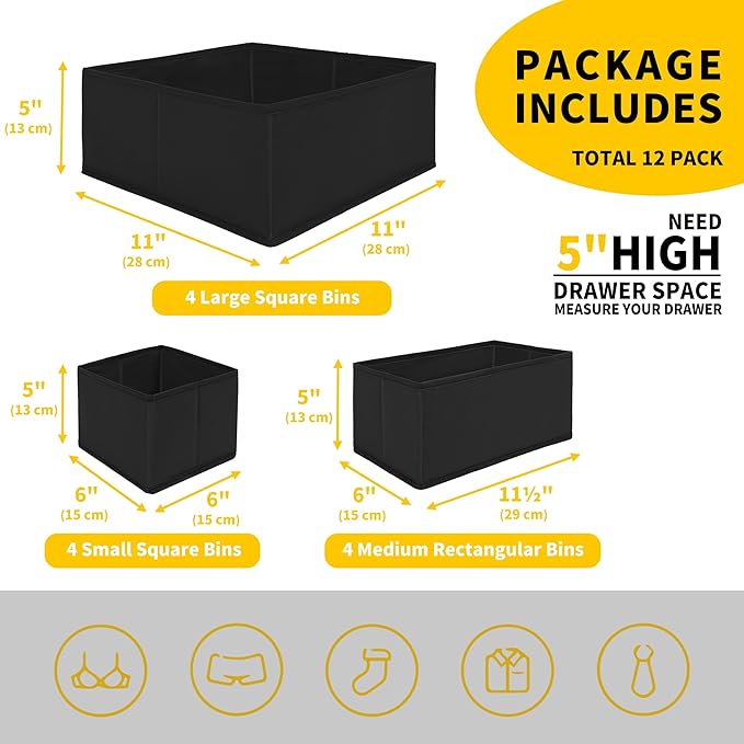 Cupic Cupid Drawer Organizer, Dresser Organizers, Foldabe Drawer Organizer Clothes, Closet Organization and Storage Dividers for Socks, Underwear and Diaper, Set of 12, Black