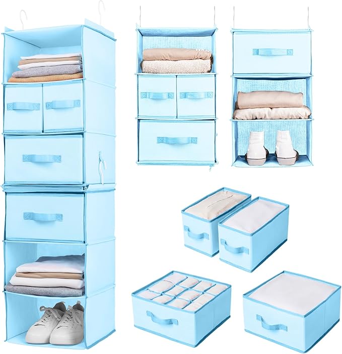 SMIRLY 6 Shelf Hanging Closet Organizer Hanging Shelves, Closet Hanging Organizer with 2 Sturdy Hooks for Wardrobe, Nursery, Storage (Blue, Separate)