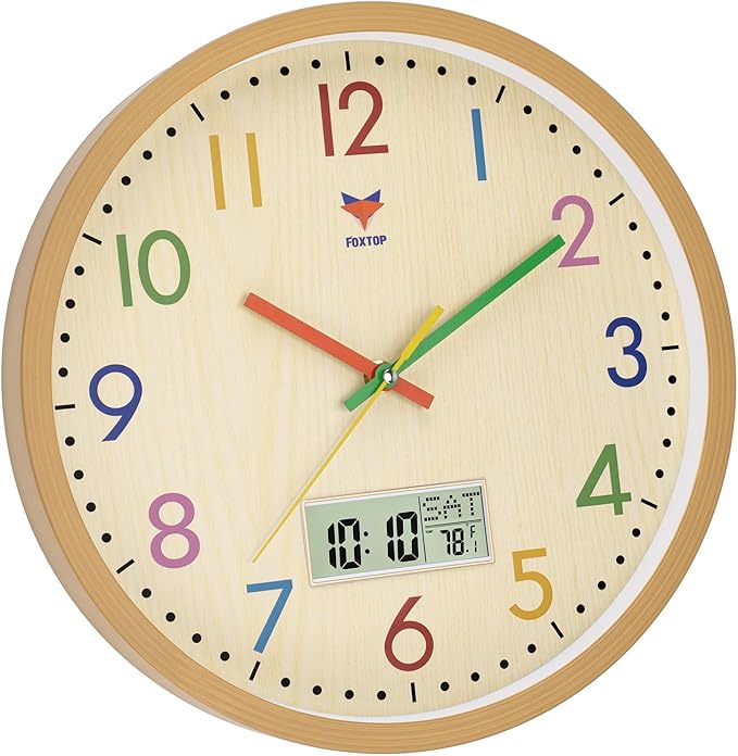 Foxtop Digital and Analog Kids Wall Clock 12 Inch Silent Non-Ticking Battery Operated Kids Clock for Kids Room Playroom Nursery Classroom School