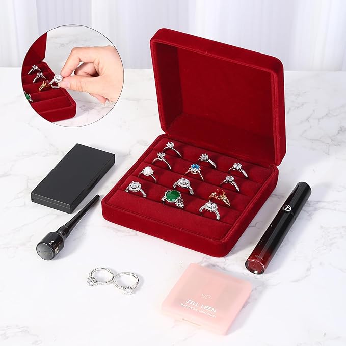 Ring Storage Boxes for Multiple Rings, Velvet Compact and Stylish Travel Jewelry case, Portable Small jewelry Organizer Box Tray Gift for Women, Girl(Red)