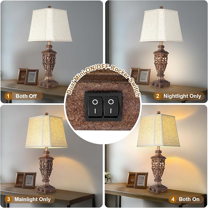 28.5" Vintage Bronze Table Lamps Set Of 2 with Night Light,Lamps for Nightstand with Beige Linen Cut Corner Shade,Bedside Lamp with USB A+C Ports for Bedrooms,Living Room,Office,Hotel(Bulb Included)