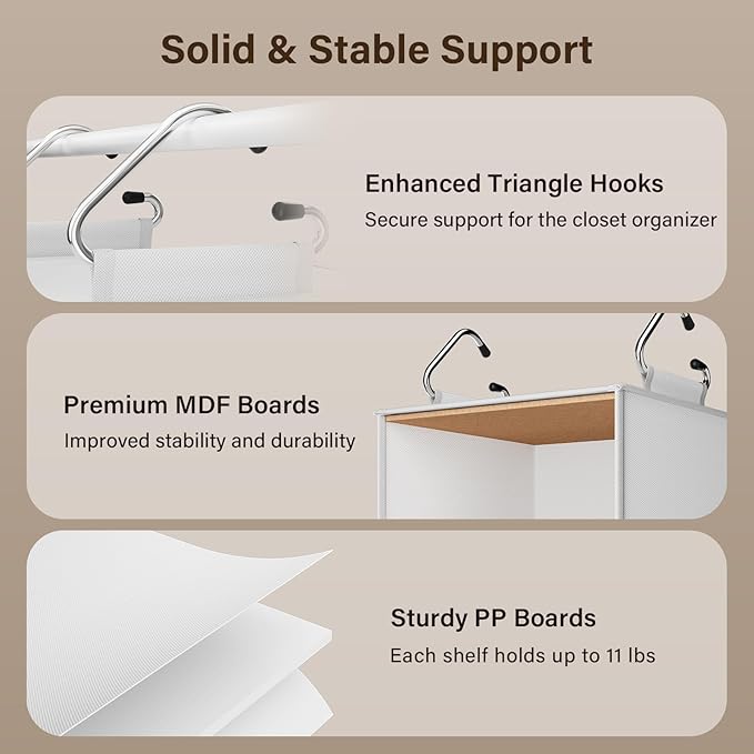 Pipishell 6-Shelf Hanging Closet Organizer, Hanging Shelves with 2 Separable 3-Tier Shelves, Closet Shelves Organizer with 3 Removable Drawers for Wardrobe, Nursery, Baby Clothes Organizer, White