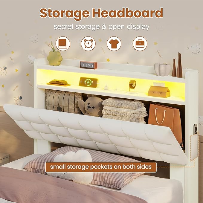 ADORNEVE Lift Up Storage Twin Bed Frame with LED Lights, Hidden Storage Headboard and Charging Station, Upholstered Platform Bed, LED Bed with Hydraulic, No Box Spring Needed, Creamy White