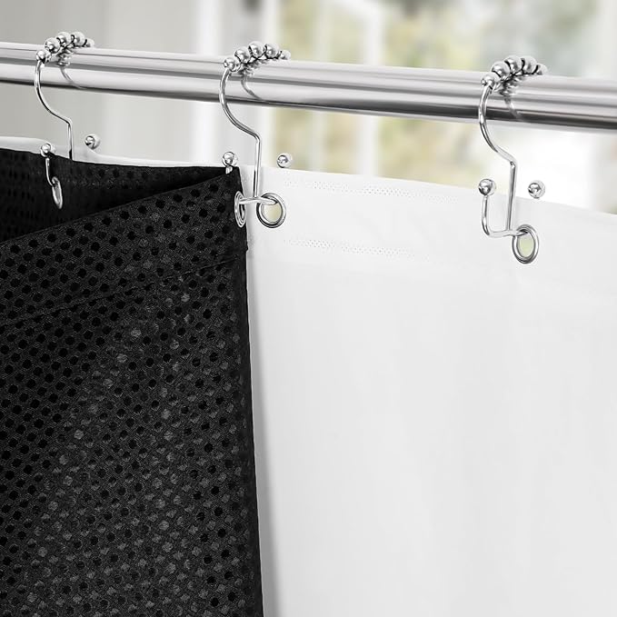 3 in 1 Long Shower Curtain Set-72 W x 78 H, Black Waffle and PEVA Liner Set with 12 Stainless Steel Hooks, Waterproof Fabric for Bathroom