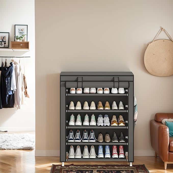 Laiensia 5-Tier Vertical Shoe Rack Organizer, Space Saving Shoe Storage Organizer, Non-Woven Cover Shoe Shelf Holds 20-25 Pairs for Bedroom, Hallway, Closet Entryway, Grey