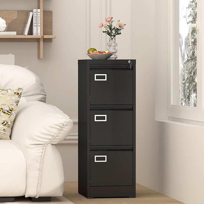 LUCYPAL 3 Drawer File Cabinet,Metal Filing Cabinet with Lock for Letter/Legal/A4 Files,Vertical Locking File Cabinets for Home Office,Assembly Required(Black)