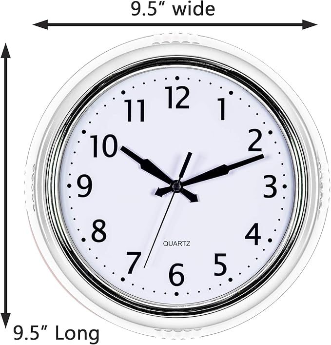 Bernhard Products Retro Wall Clock 9.5 Inch White Kitchen 50's Vintage Design Round Silent Non-Ticking Quality Quartz Clock for Home Office Nursery Bathroom Classroom Easy to Read (White)