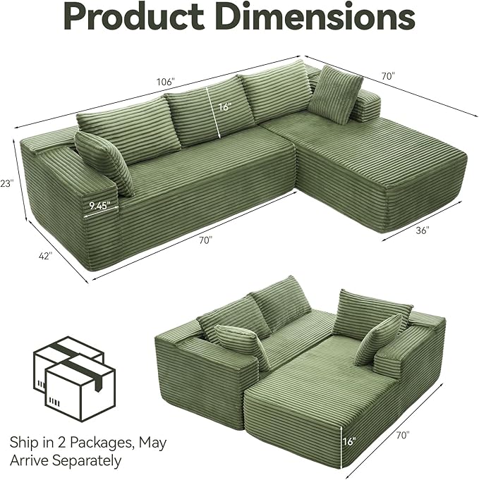 Modern Cloud Modular Sectional Sofa with Chaise, 106" L-Shaped Sofa Couch for Living Room, Deep Seat Plush Boneless Couches, Includes Pillows, Left Chaise, Green