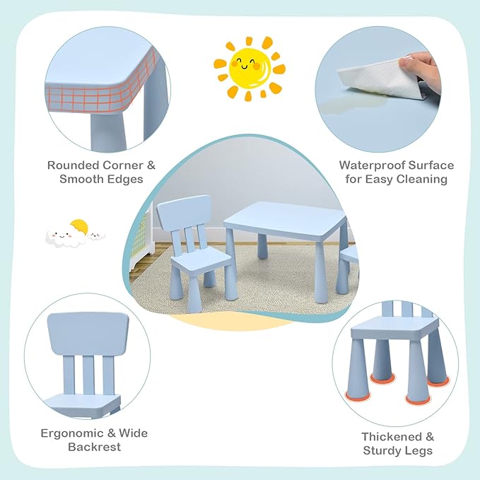 LDAILY Kids Table and Chairs, 3-Piece Children Arts Nursery Furniture for Drawing, Reading, and Painting, Light Weight Plastic Activity Kids Desk and Chair Set for Playroom, Kindergarten (Blue)