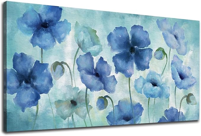 NINEASO Blue Abstract Flowers Wall Art - Elegant Floral Pictures Wall Decor Indigo Blue Green Blossom Canvas Painting Artwork Abstract Flowers Nature Print for Home Office Decoration 20" x 40"