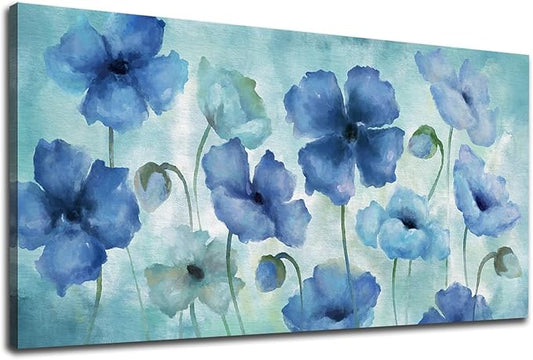 NINEASO Blue Abstract Flowers Wall Art - Elegant Floral Pictures Wall Decor Indigo Blue Green Blossom Canvas Painting Artwork Abstract Flowers Nature Print for Home Office Decoration 20" x 40"