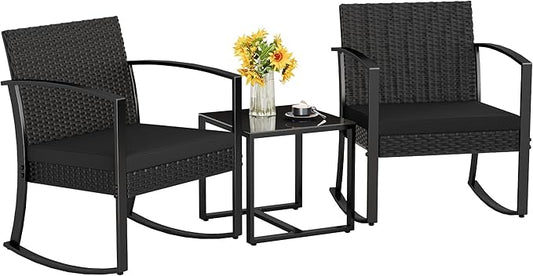 Homall Patio Furniture Set 3 Piece Resin Outdoor Bistro Set Rocking Patio Chairs with Cushions and Table for Porch, Poolside, Balcony and Yard (Black)