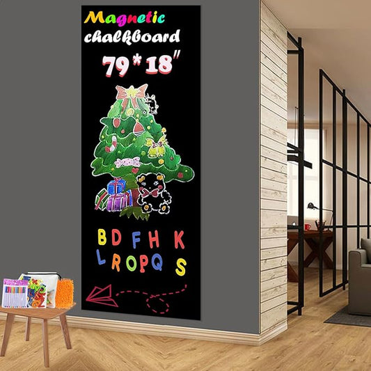 Magnetic Chalkboard Contact Paper 79"x18" Self Adhesive Magnetic Wall Board Sticker with 12 Liquid Chalk and 53 Magnet Letters for Kids, Black Chalk Board Wallpaper Roll Magnet Paint