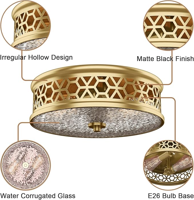 EAPUDUN Flush Mount Ceiling Light, 12 Inch 2 Light Vintage Ceiling Light with Rippled Glass, Gold Ceiling Fixture for Hallway Corridor Kitchen Bathroom Bedroom Passway FMA1538-SB