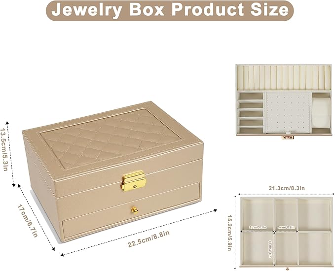 2-Layer Jewelry Box for Women, Jewelry Organizers and Storage with Removable Jewelry Tray, Vintage Quilted Top Lockable Jewelry Holder Gift Box for Girl