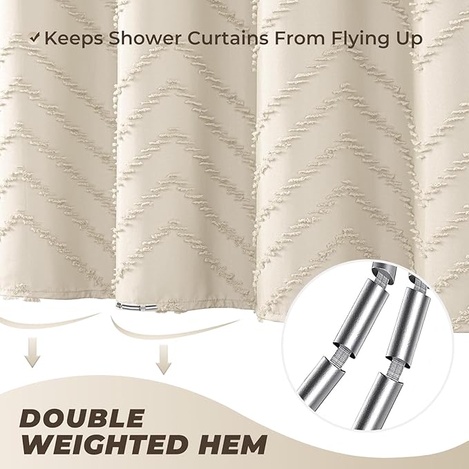 Small Stall Beige Boho Fabric Shower Curtain, 36x72 Half Size, Textured Tufted Chevron Striped Minimalist Cloth Bathroom Shower Curtain