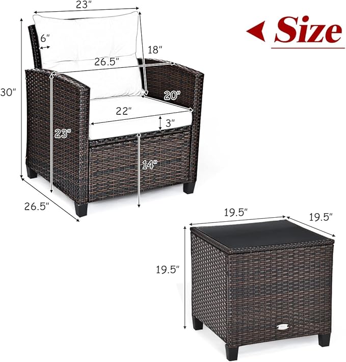 Tangkula 3 Pieces Patio Furniture Set, PE Rattan Wicker 3 Pcs Outdoor Sofa Set w/Washable Cushion and Tempered Glass Tabletop, Conversation Furniture for Garden Poolside Balcony (Blue)