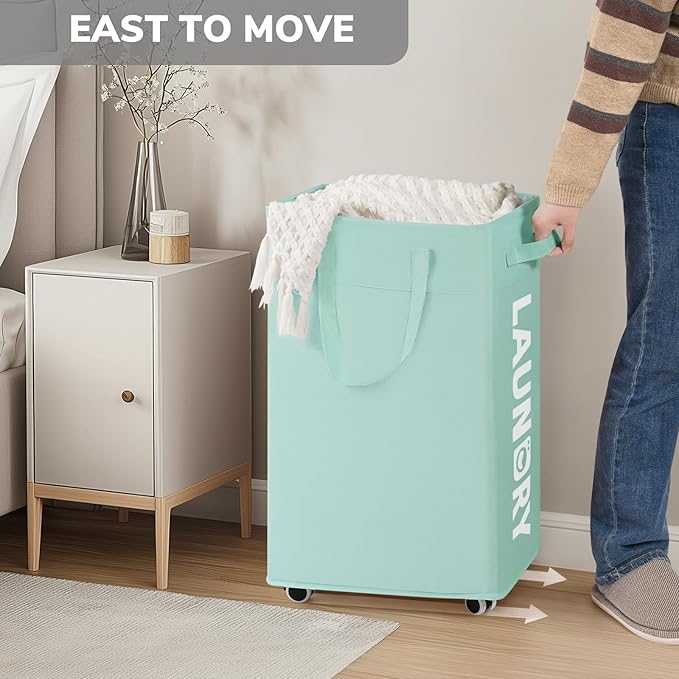 Goodpick Rolling Laundry Basket with Wheels,75L Large Collapsible Laundry Hamper with Removable Wash Bag Space for living room, Blue