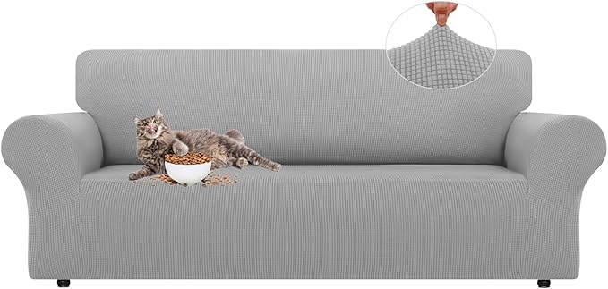 LURKA Stretch Sofa Slipcovers 1 Piece Couch Covers for 3 Cushion Couch Sofa Furniture Protector Full Sofa Covers with Elastic Bottom for Kids and Dog (Large, Sliver)