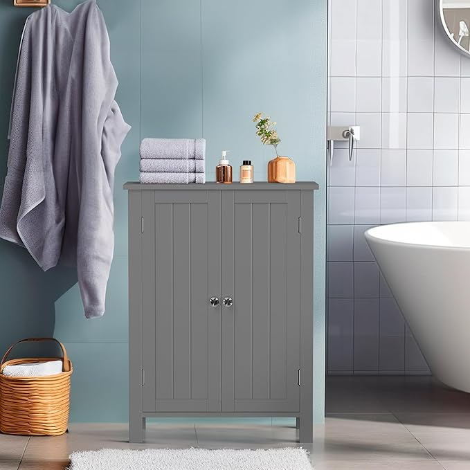 ZENY Bathroom Floor Storage Cabinet with Double Door + Adjustable Shelf, Wooden Organizer Cabinet for Living Room, Bathroom, Bedroom, Modern Home Furniture (Gray)