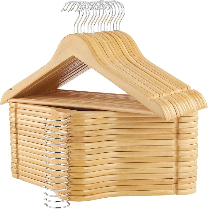 ELONG HOME Wooden Hangers, 30 Pack Slim Wood Coat Hangers with Extra Smooth Finish, Precisely Cut Notches and Chrome Swivel Hook, Wooden Clothes Hangers for Shirt Suit Jacket Dress, Natural