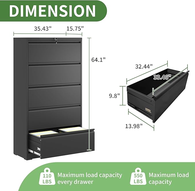 Lateral File Cabinet with Lock,5 Drawer Metal Filing Cabinets, Home Office Storage Cabinet for Hanging Files Letter/Legal/F4/A4 (Black)