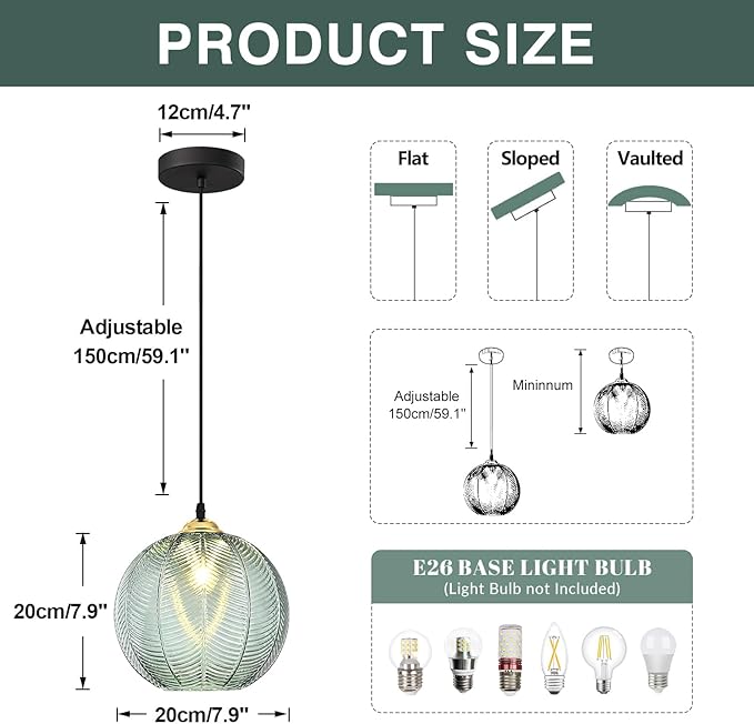 KCO Lighting Single Green Glass Pendant Light Large Globe Pendant Lighting Nordic Ribbed Ceiling Hanging Chandelier Light Vintage Dining Room Kitchen Island Light Fixture