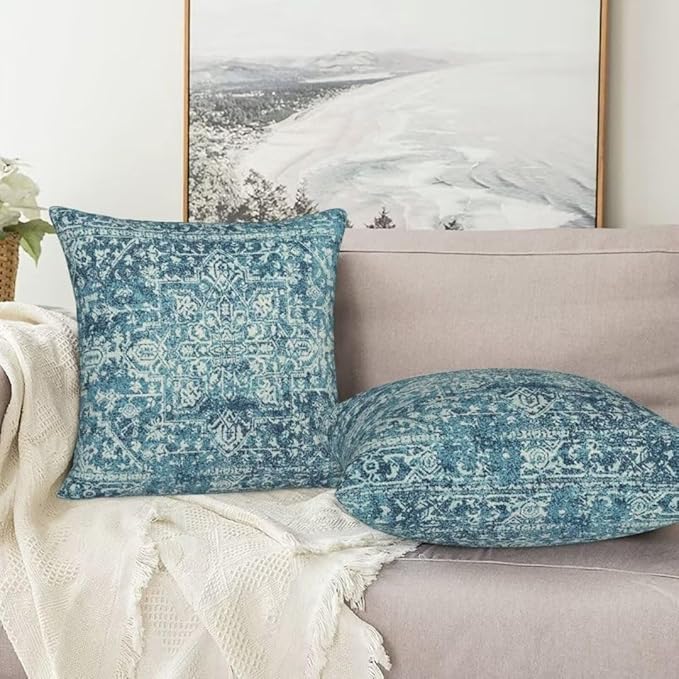 Teal Boho Pillow Covers 20x20 Set of 2, Bohemian Carpet Pattern Outdoor Decorative Throw Pillows Linen Ethnic Design Rustic Farmhouse Cushion Cases for Couch Sofa Decor