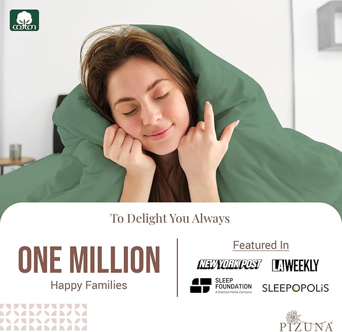 Pizuna Pure 100% Cotton Full Duvet Cover Set, Luxurious 400 Thread Count Long Staple Cotton Sateen Weave with Button Closure (Combed Hedge Green Cotton Duvet Cover Full)