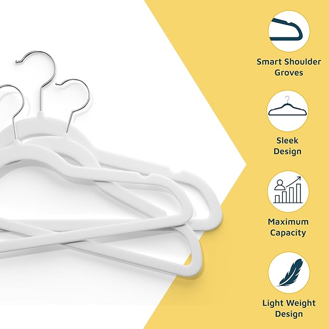 Velvet Clothes Hanger – with 360 Degree Swivel Hook and Non-Slip Shoulder Notch, Holds Up to 10 lbs, Heavy Duty Hanger Set, for Organizing Suit, Dress, Coat, and Clothes, Pack of 10, White