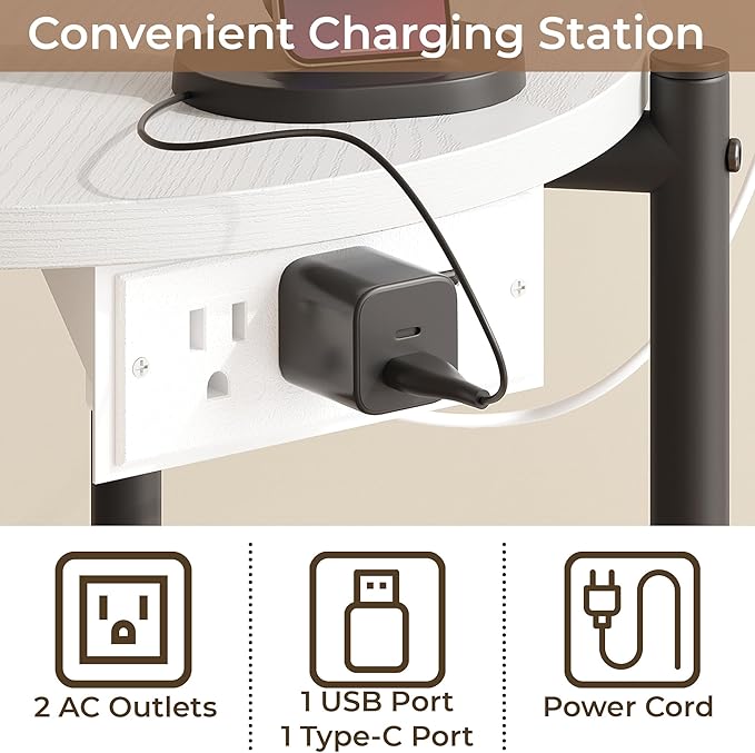 LIKIMIO Small Round End Tables Set of 2 with Charging Station, 2-Tier Wooden Side Tables, 15.8" W Modern Nightstands for Small Spaces, Living Room, Bedroom, White