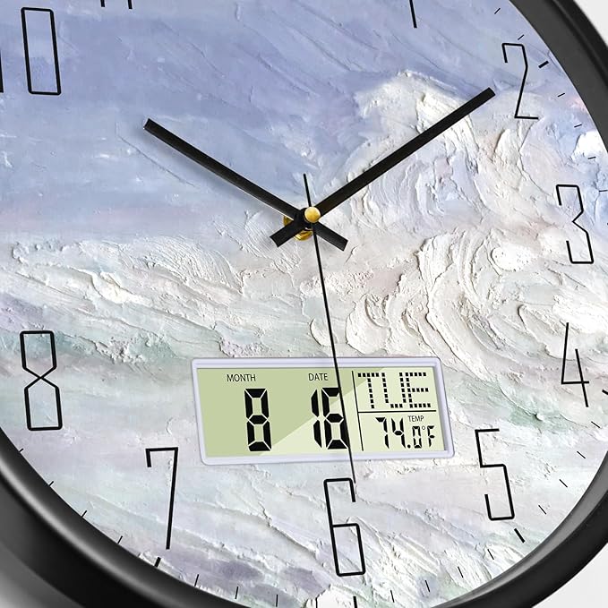 Digital Wall Clock Battery Operated with Day and Date Temperature Blue White Wave Calendar Clock with Large Display Silent for Room Bathroom Bedroom Living Room Farmhouse Decor 14 Inch