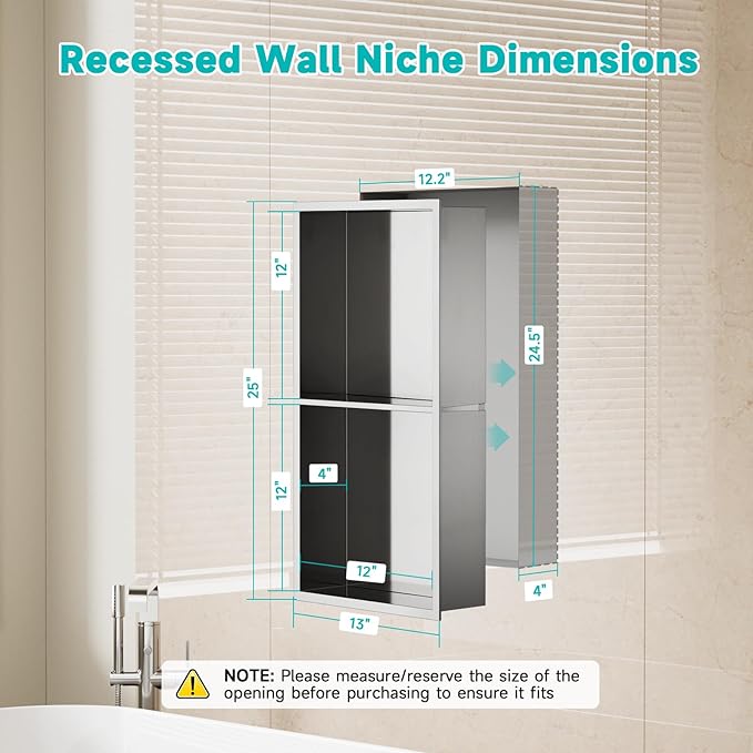 Stainless Steel Shower Niche 12"x24" - No Tile Needed Double Shelves Recessed Wall Niche for Bathroom Storage, Brushed Nickel