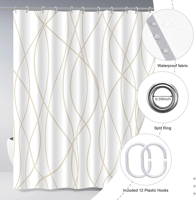 Punkray Beige Khaki Shower Curtain for Bathroom with Hooks, Extra Long Shower Curtain Set Stripe Bath Curtains Decorative White Shower Curtains Weighted Hem Water Repellent Washable, 72 x 72