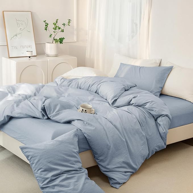 JIYUAN 100% Washed Cotton Duvet Cover Set 3 PCS Oversized King, 1 Duvet Cover 120"x98" (Comforter Not Included) and 2 Pillowcases,Linen Feel Bedding Set Comfy and Breathable, Heathered Light Blue