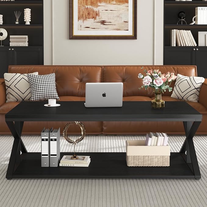 Launica Modern Coffee Table with Storage, Farmhouse Living Room Table, Minimalist Rectangle Center Table, Industrial Vintage Wood Tea Table, 47 Inch, Black Oak