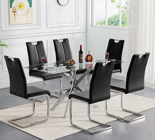 Goujxcy Modern Glass Dining Table Set for 6, Glass Silver Kitchen Table and Chairs Set, 7 Piece Dining Room Table Set with 51" Rectangle Dinner Table and 6 Black Leather Dining Chairs