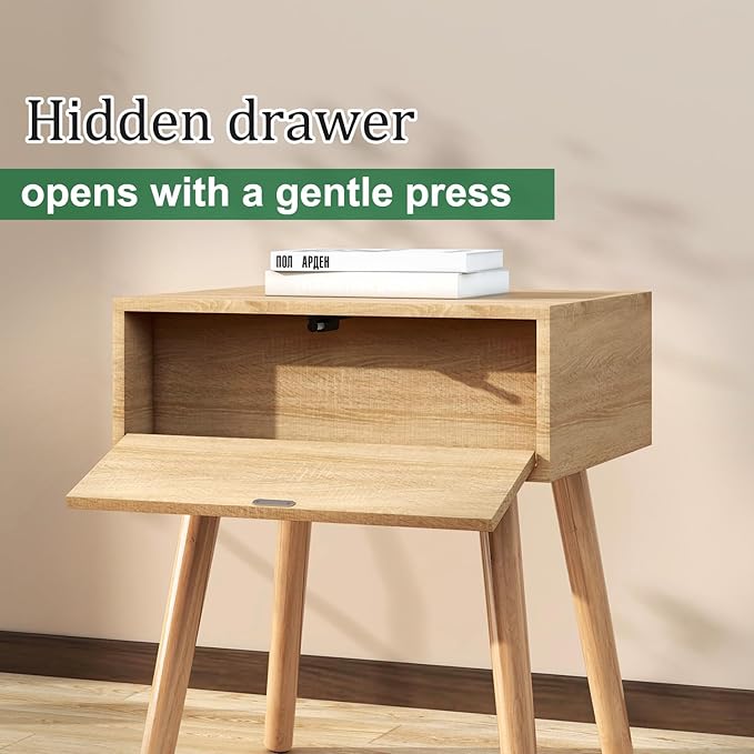 IBUYKE Hidden Compartment Nightstands, Rattan Nightstand with Wood Legs, Boho Side Table Concealment Furniture, Bedside End Table for Bedroom, Easy Assembly, Natural UWNS010N