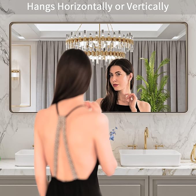 LOAAO 60”X30” Bronze Bathroom Mirrors for Vanity, Rounded Rectangle Brushed Bronze Metal Frame Mirror, Anti-Rust, Tempered Glass, Hangs Horizontally or Vertically