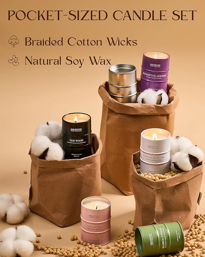 Mini Candle Set | Scented Candles Set | 6 Pack Candles for Home Scented Candle,Oud Wood,Cotton Blossom,Vanilla Amber,Bamboo Rose Lavender Candle,Gift Set for Women and Men,Soy Wax 21 oz 105 Hour