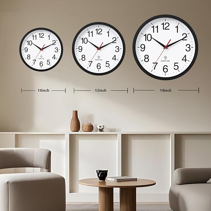 Atomic Wall Clock, Modern 14 Inch Battery Operated Wall Clocks, Analog Clock for Living Room, Office, Home, Bedroom, Kitchen, Bathroom(Black)