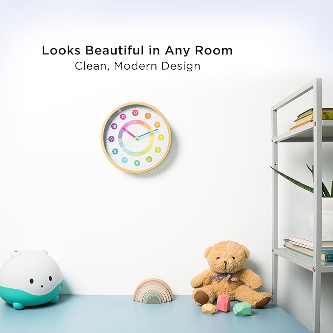 LittleHippo Learning Wall Clock for Kids for Classroom, Bedrooms, Nursery, Playroom - Kid's Analog, Silent, Non-Ticking Clock for Teaching to Tell Time, Study to Learn to Tell Time