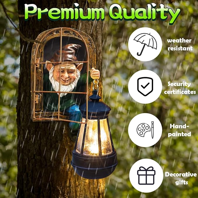 Whimsical Fairy Garden Gnomes with Solar Lights-10 Elf Out The Door Tree Hugger Garden Statues-Outdoor&Yard Decor-Tree Face Sculpture,Ideal Gnomes Yard Art for Patio,Wall，Yard