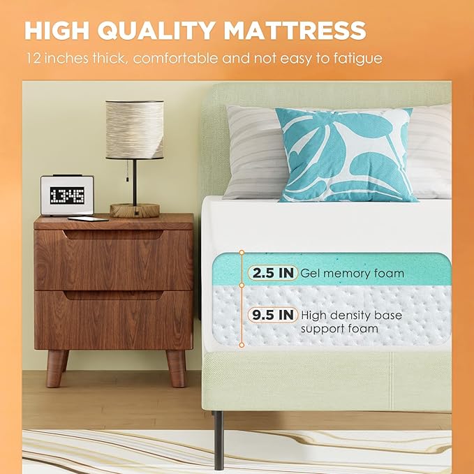 PayLessHere Twin Mattress 12 Inch Gel Memory Foam Mattress with Breathable & Washable Soft Fabric Zippered Cover,Supportive & Pressure Relief Bed Mattress,CertiPUR-US Certified,White,Fiberglass Free